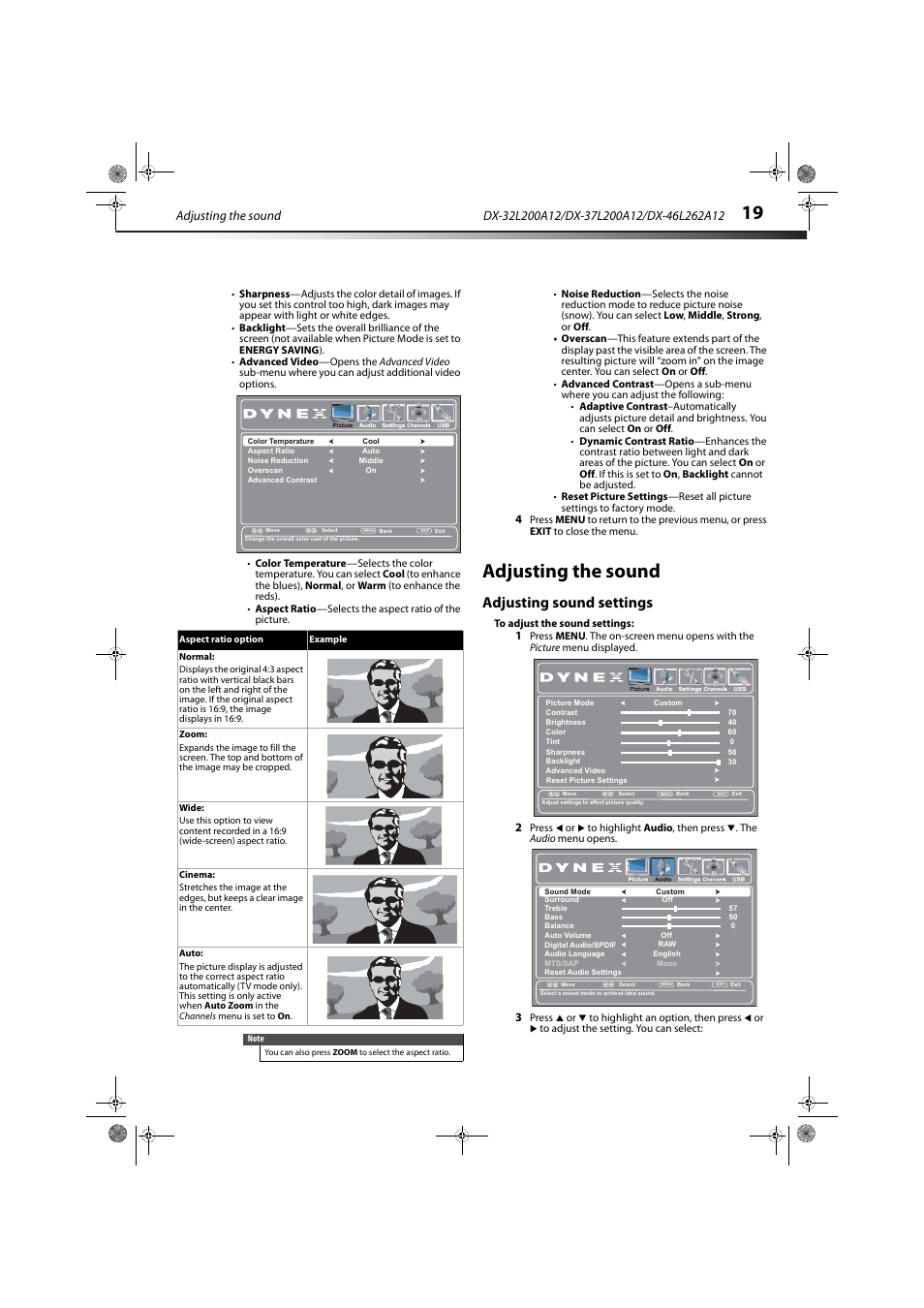 Adjusting the sound, Adjusting sound settings, E “adjusting sound settings” on | Ge 19 | Dynex DX-32L200A12 User Manual | Page 23 / 48