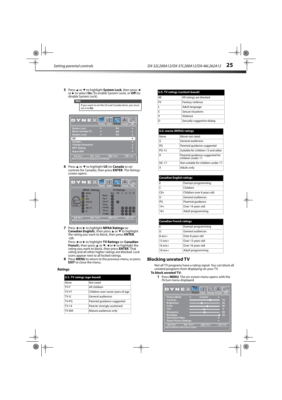 Ratings, Blocking unrated tv, Setting parental controls | Dynex DX-32L200A12 User Manual | Page 29 / 48