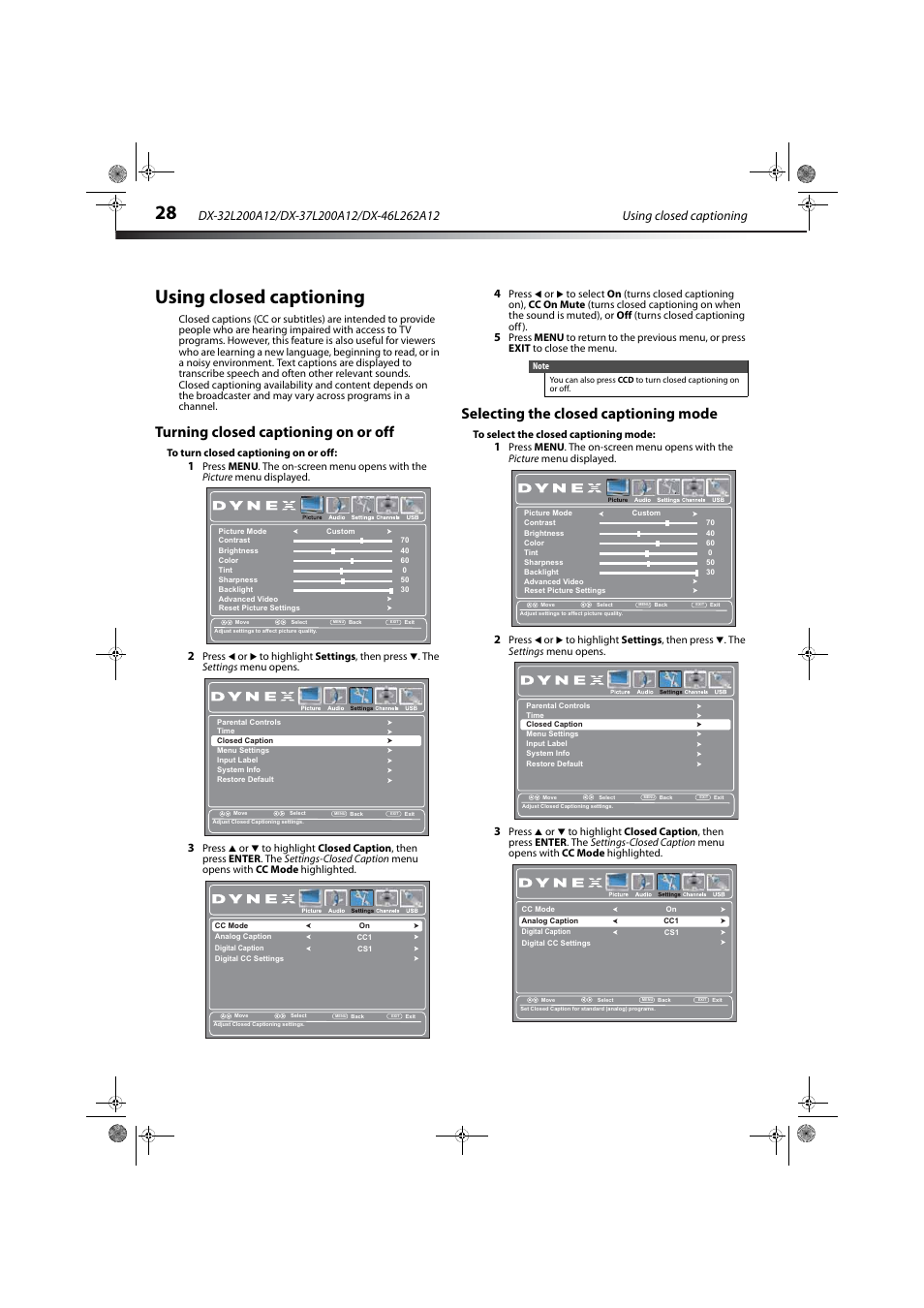 Using closed captioning, Turning closed captioning on or off, Selecting the closed captioning mode | Dynex DX-32L200A12 User Manual | Page 32 / 48