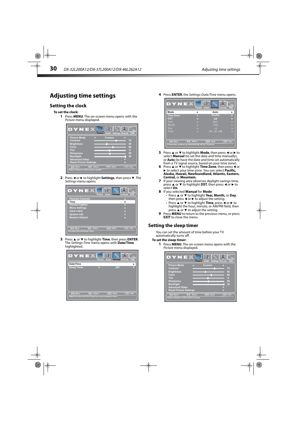 Adjusting time settings, Setting the clock, Setting the sleep timer | Setting the clock setting the sleep timer, E “setting the sleep timer” on, Ge 30 | Dynex DX-32L200A12 User Manual | Page 34 / 48