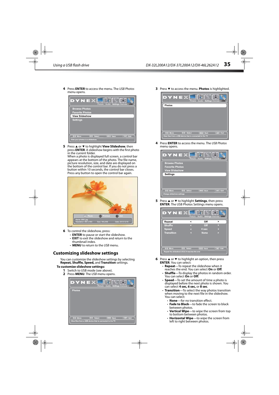 Customizing slideshow settings | Dynex DX-32L200A12 User Manual | Page 39 / 48