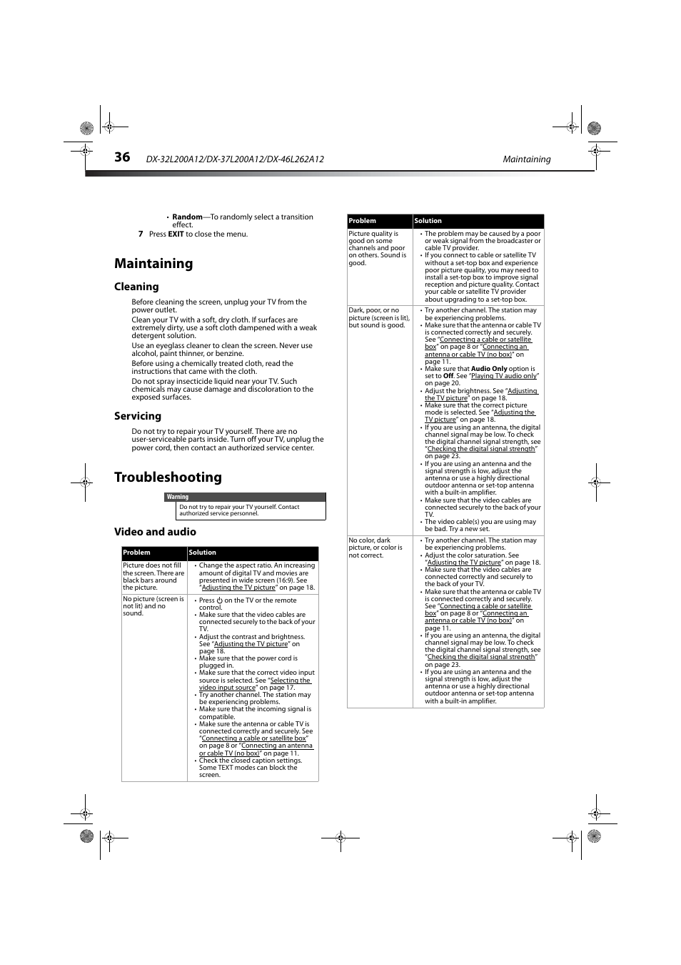 Maintaining, Cleaning, Servicing | Troubleshooting, Video and audio, Cleaning servicing | Dynex DX-32L200A12 User Manual | Page 40 / 48