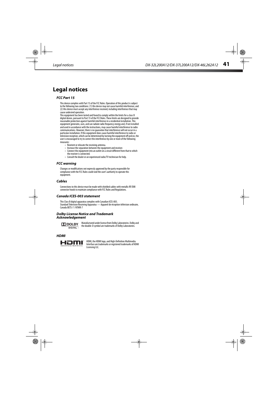 Legal notices, Fcc part 15, Fcc warning | Cables, Canada ices-003 statement, Dolby license notice and trademark acknowledgement, Hdmi | Dynex DX-32L200A12 User Manual | Page 45 / 48