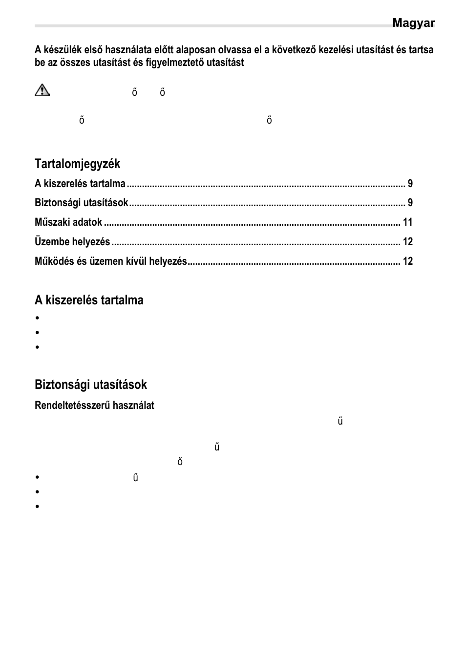 Rendeltetésszerű használat, Tartalomjegyzék, A kiszerelés tartalma | Biztonsági utasítások | Crivit BS-210 User Manual | Page 11 / 36