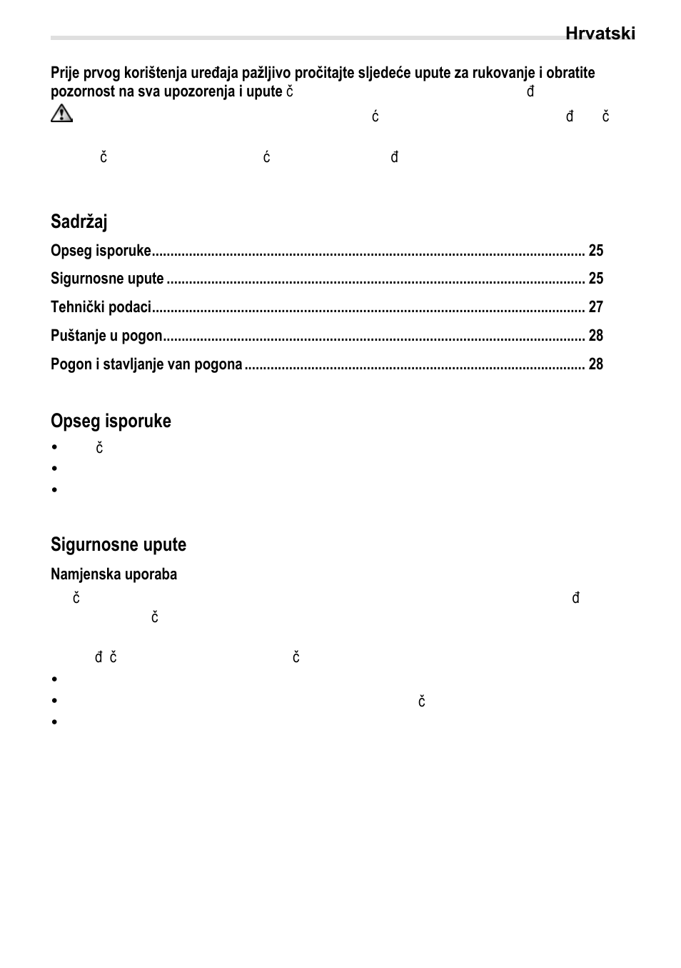 0bopseg isporuke, 1b1bsigurnosne upute, 6bnamjenska uporaba | Sadržaj, Opseg isporuke, Sigurnosne upute | Crivit BS-210 User Manual | Page 27 / 36