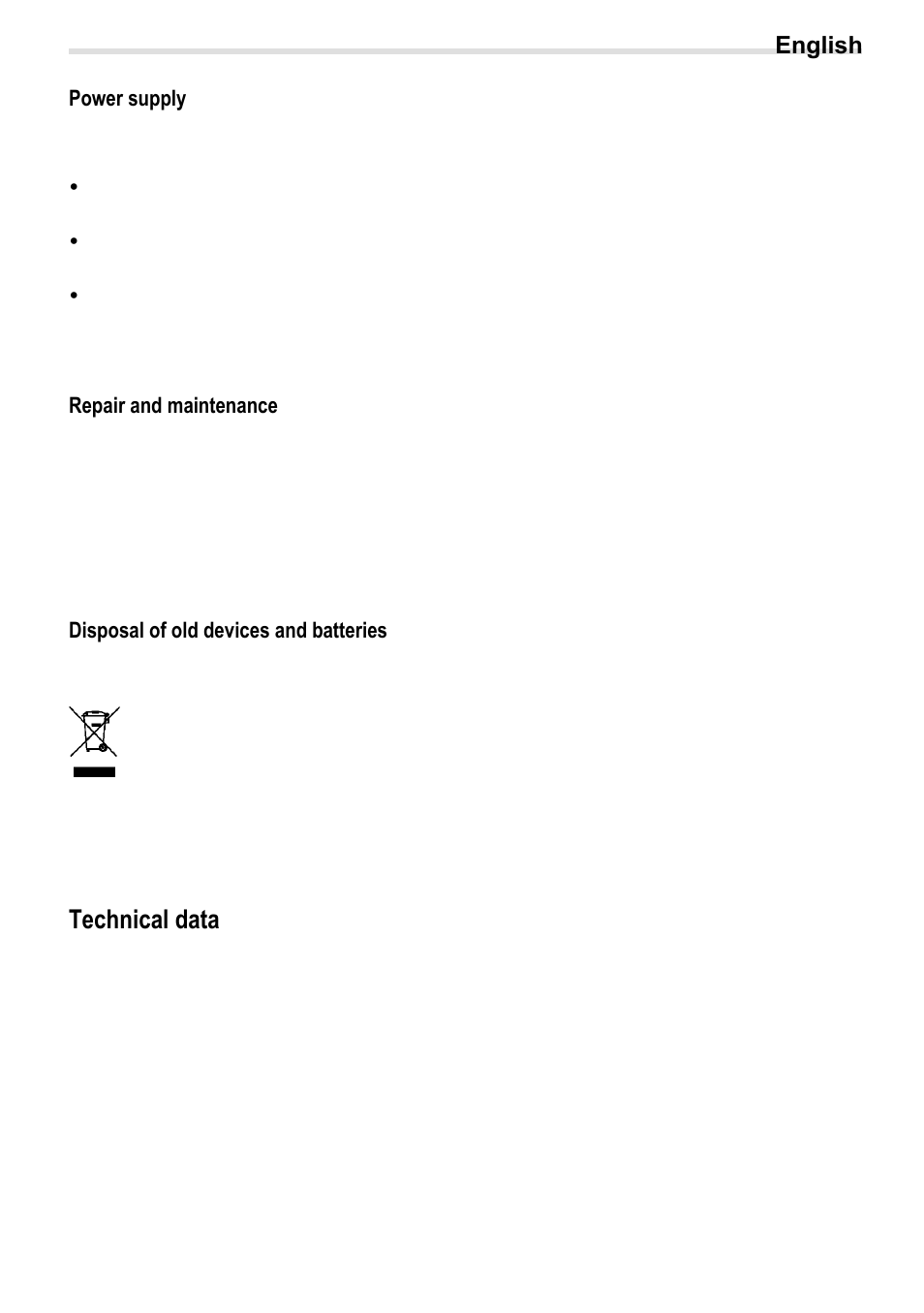 Power supply, 11brepair and maintenance, 12bdisposal of old devices and batteries | 3btechnical data, Technical data | Crivit BS-210 User Manual | Page 5 / 36