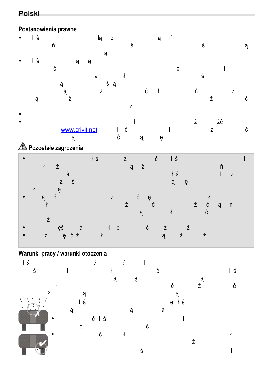 7bpostanowienia prawne, P pozostałe zagrożenia, 9bwarunki pracy / warunki otoczenia | Crivit BS-210 User Manual | Page 8 / 36
