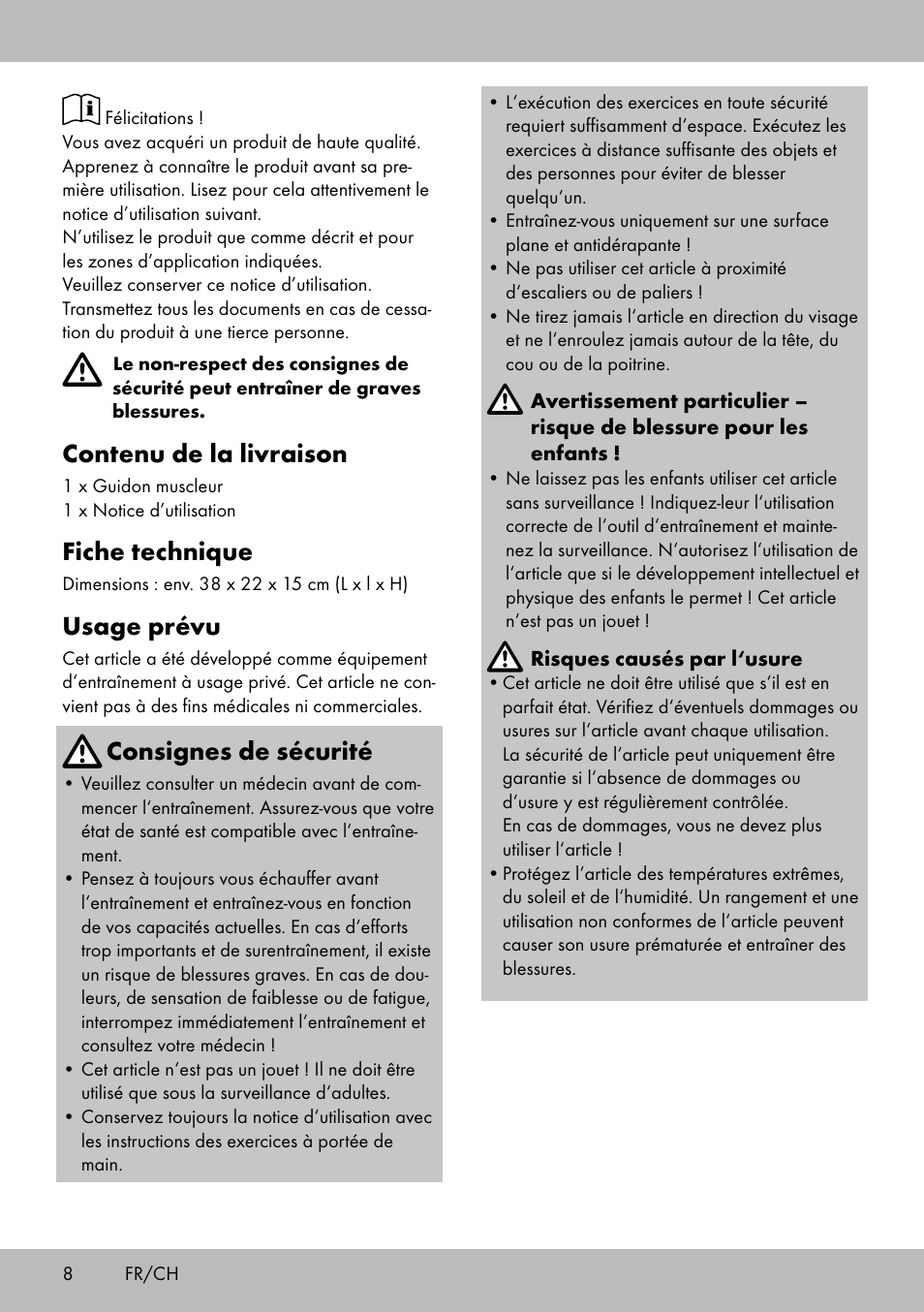 Contenu de la livraison, Fiche technique, Usage prévu | Consignes de sécurité | Crivit OT-2007 User Manual | Page 8 / 20