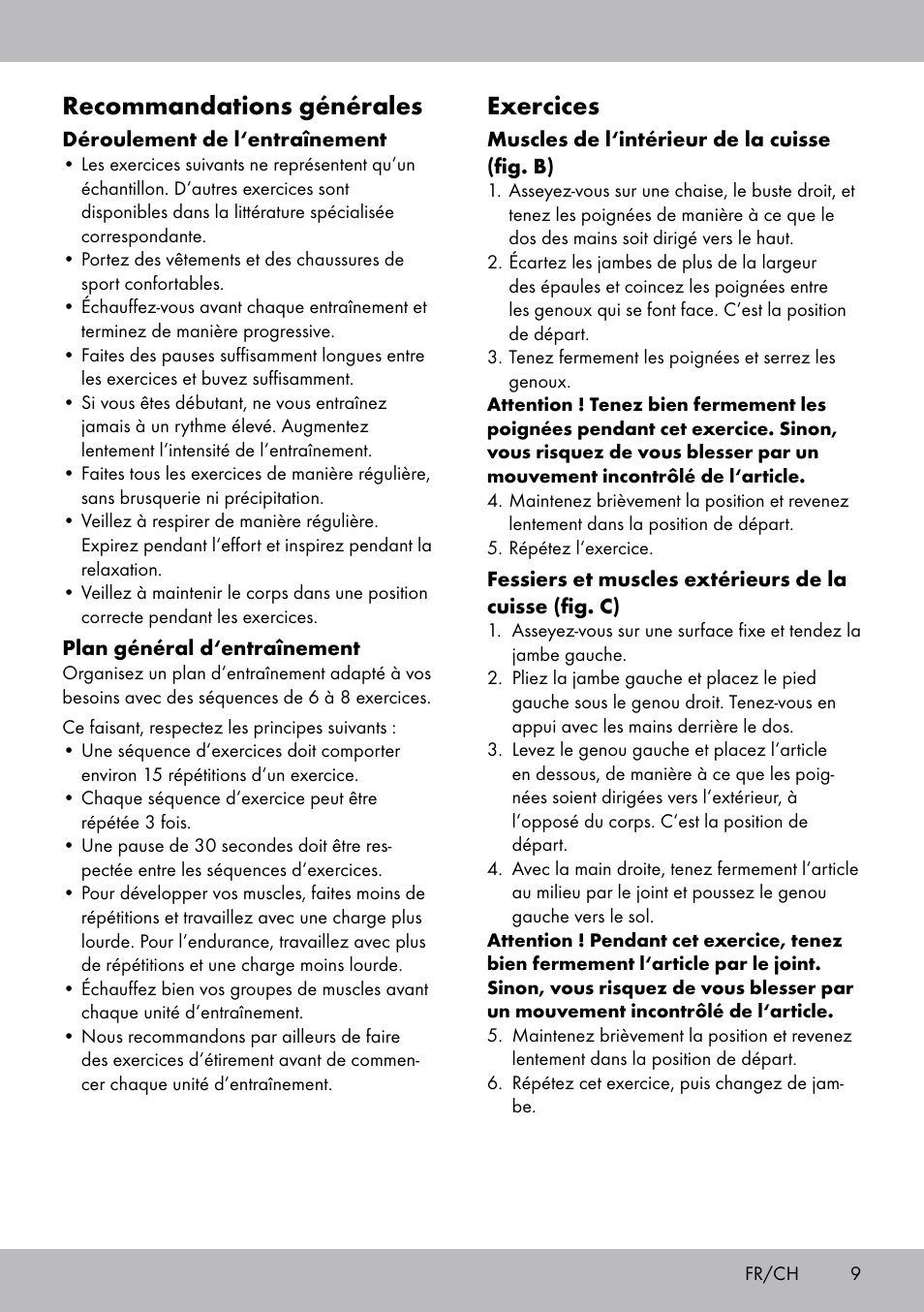 Recommandations générales, Exercices | Crivit OT-2007 User Manual | Page 9 / 20