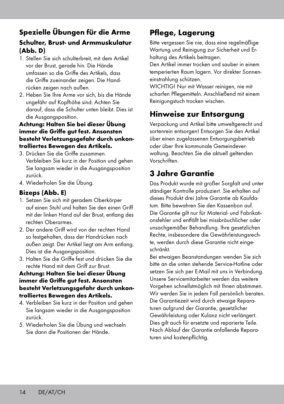 Pflege, lagerung, Hinweise zur entsorgung, 3 jahre garantie | Spezielle übungen für die arme | Crivit OT-2007 User Manual | Page 14 / 20