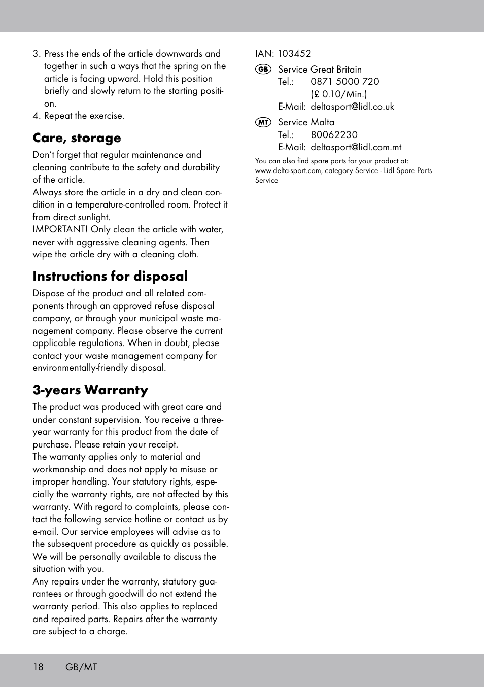 Care, storage, Instructions for disposal, Years warranty | Crivit FH-2006 User Manual | Page 18 / 24