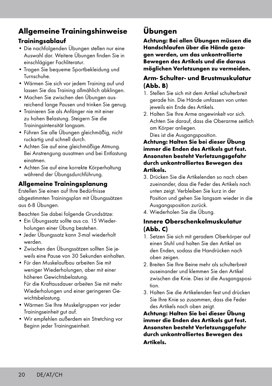 Übungen, Allgemeine trainingshinweise | Crivit FH-2006 User Manual | Page 20 / 24