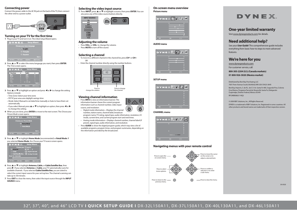 Menu, One-year limited warranty, Need additional help | We’re here for you, Connecting power, Turning on your tv for the first time, Selecting the video input source, Adjusting the volume, Selecting a channel, Viewing channel information | Dynex DX-46L150A11 User Manual | Page 2 / 2