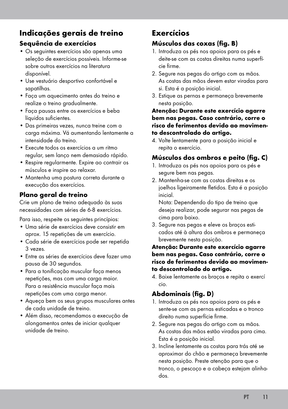 Indicações gerais de treino, Exercícios | Crivit ET-2008 User Manual | Page 11 / 20