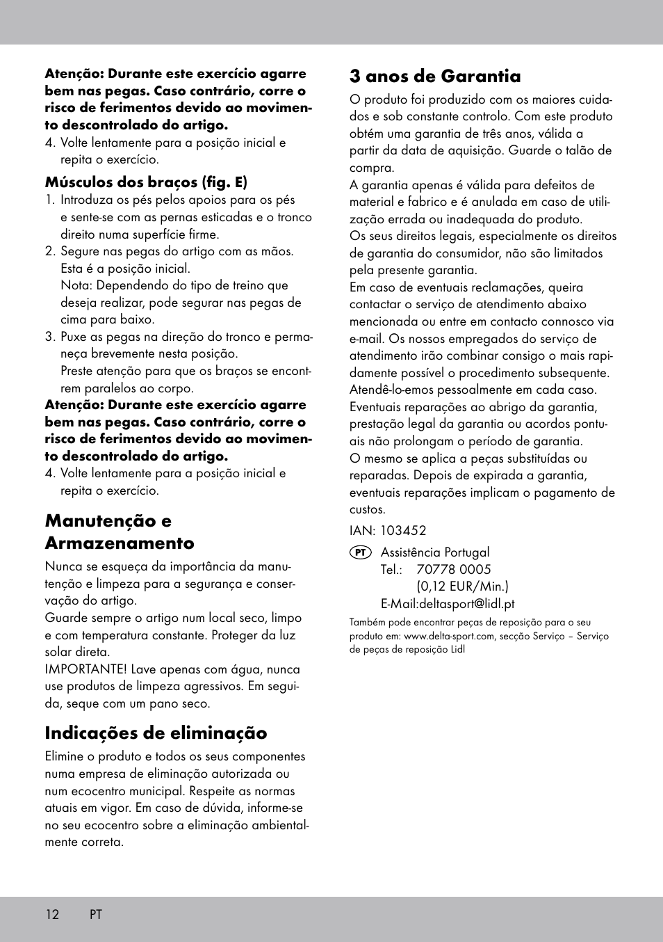 3 anos de garantia, Manutenção e armazenamento, Indicações de eliminação | Crivit ET-2008 User Manual | Page 12 / 20