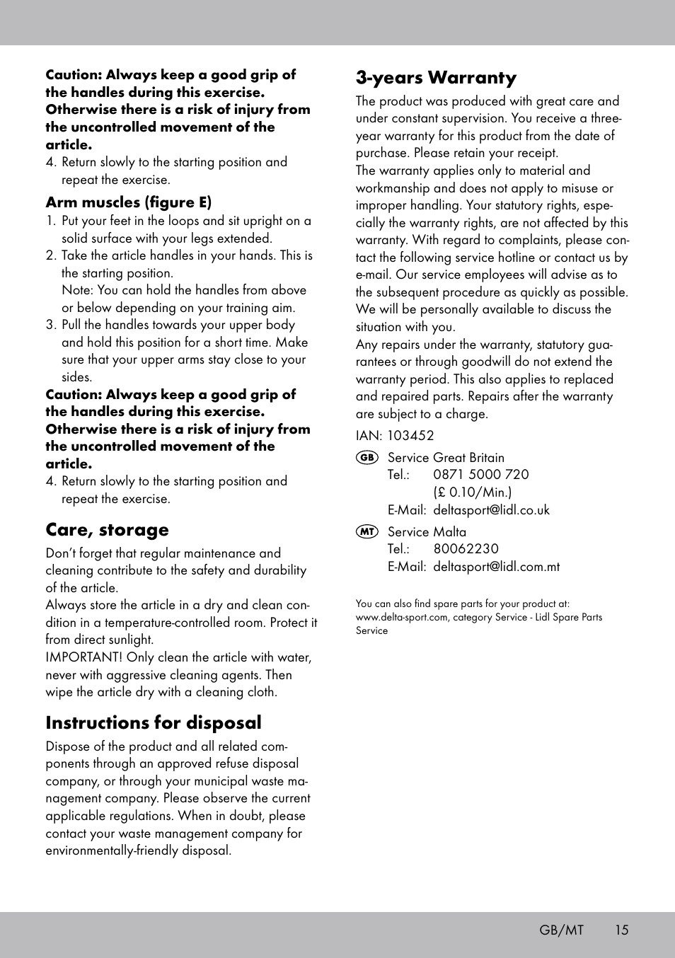 Years warranty, Care, storage, Instructions for disposal | Crivit ET-2008 User Manual | Page 15 / 20