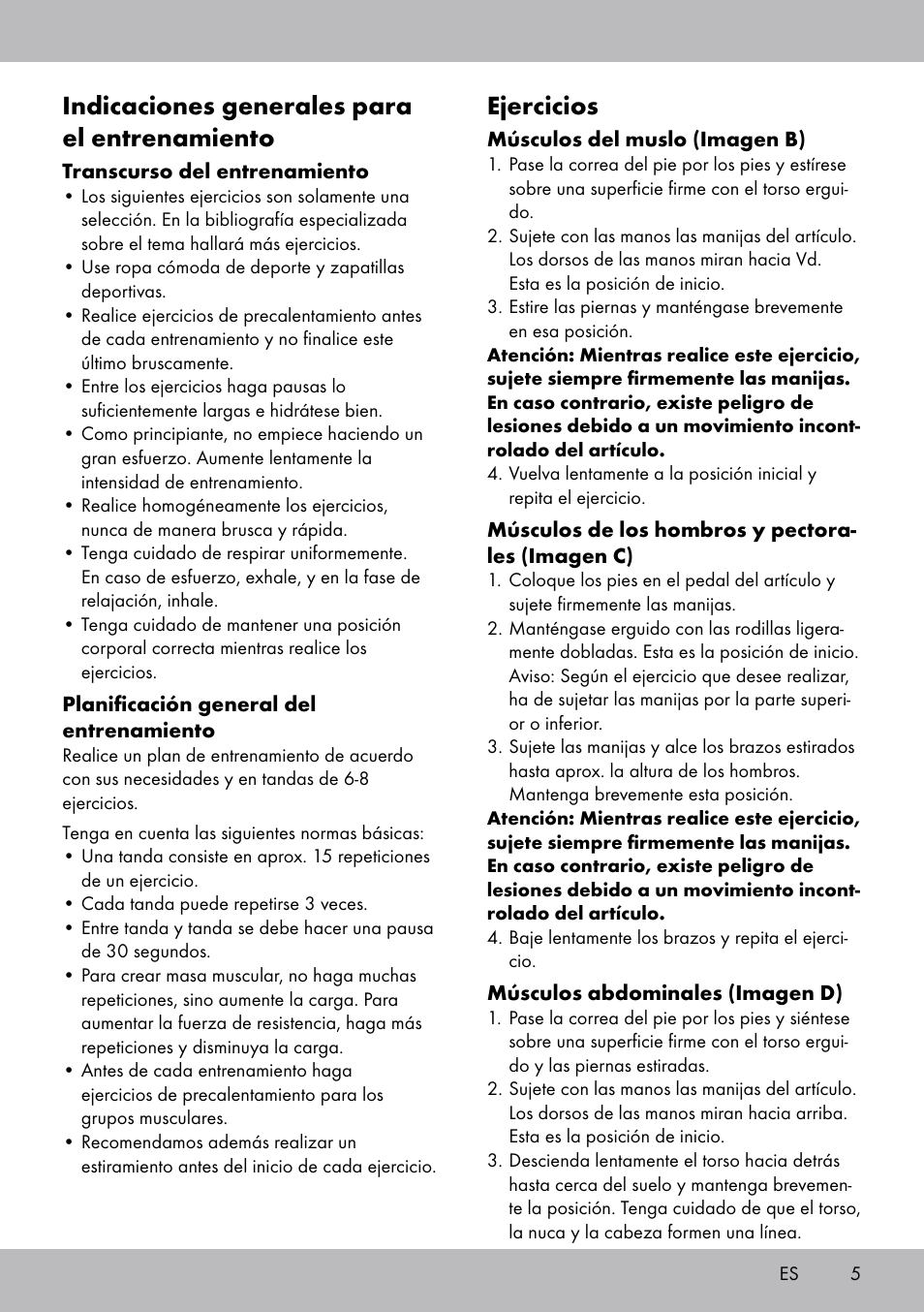Indicaciones generales para el entrenamiento, Ejercicios | Crivit ET-2008 User Manual | Page 5 / 20