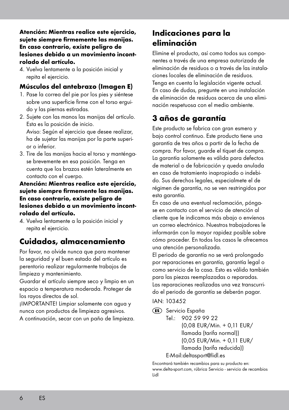 Indicaciones para la eliminación, 3 años de garantía, Cuidados, almacenamiento | Crivit ET-2008 User Manual | Page 6 / 20