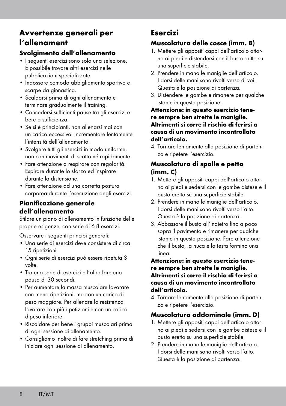 Avvertenze generali per l‘allenament, Esercizi | Crivit ET-2008 User Manual | Page 8 / 20