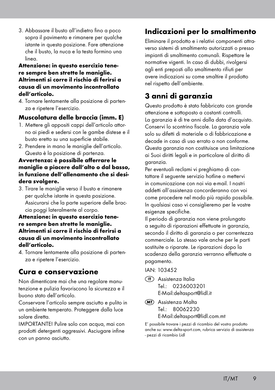 Indicazioni per lo smaltimento, 3 anni di garanzia, Cura e conservazione | Crivit ET-2008 User Manual | Page 9 / 20