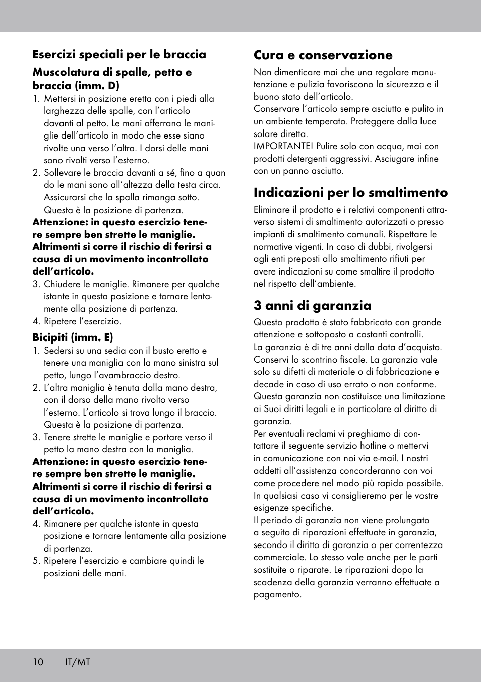 Cura e conservazione, Indicazioni per lo smaltimento, 3 anni di garanzia | Esercizi speciali per le braccia | Crivit OT-2007 User Manual | Page 10 / 24