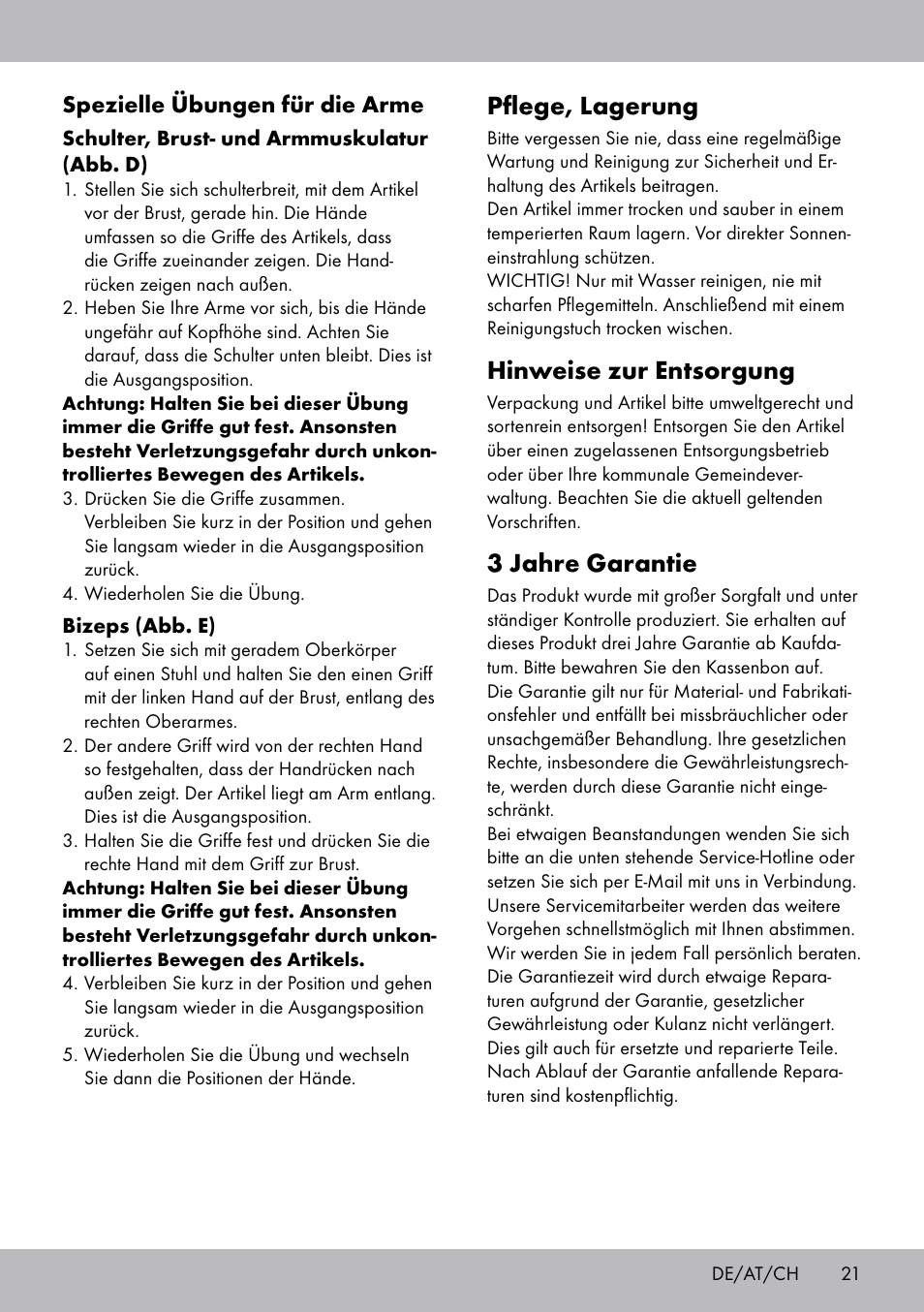Pflege, lagerung, Hinweise zur entsorgung, 3 jahre garantie | Spezielle übungen für die arme | Crivit OT-2007 User Manual | Page 21 / 24