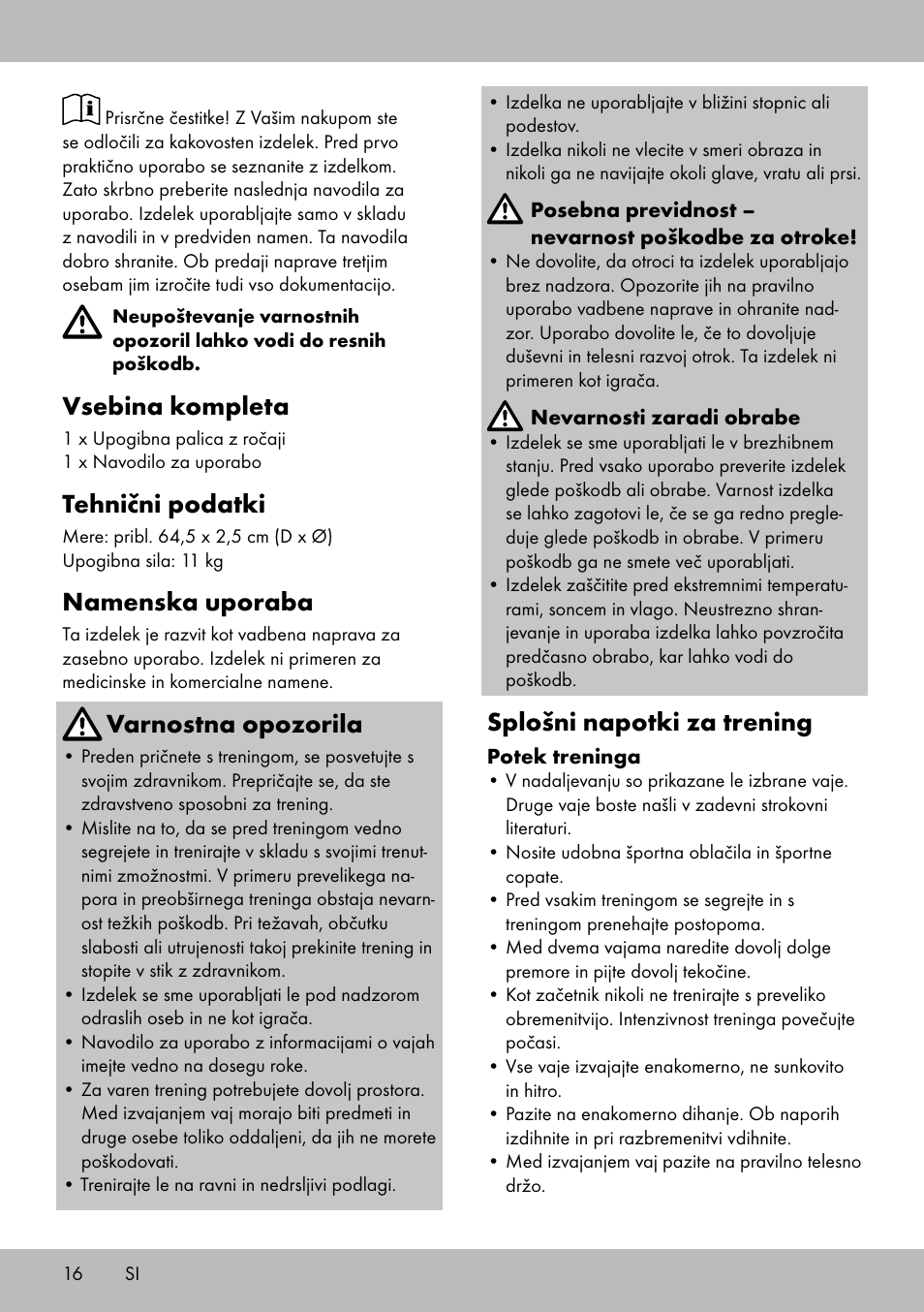 Vsebina kompleta, Tehnični podatki, Namenska uporaba | Varnostna opozorila, Splošni napotki za trening | Crivit FH-2006 User Manual | Page 16 / 32