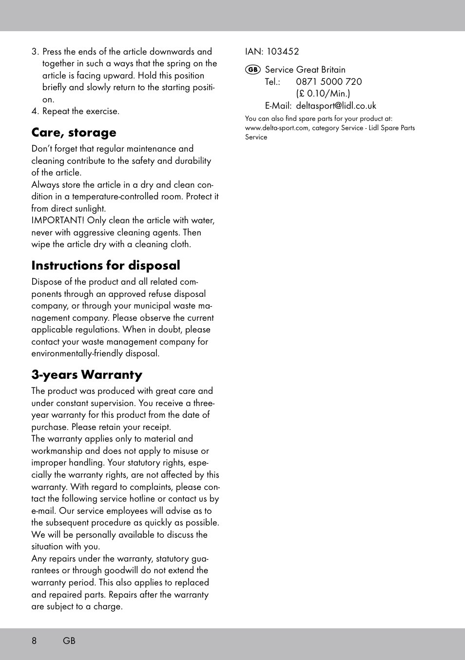 Care, storage, Instructions for disposal, Years warranty | Crivit FH-2006 User Manual | Page 8 / 32