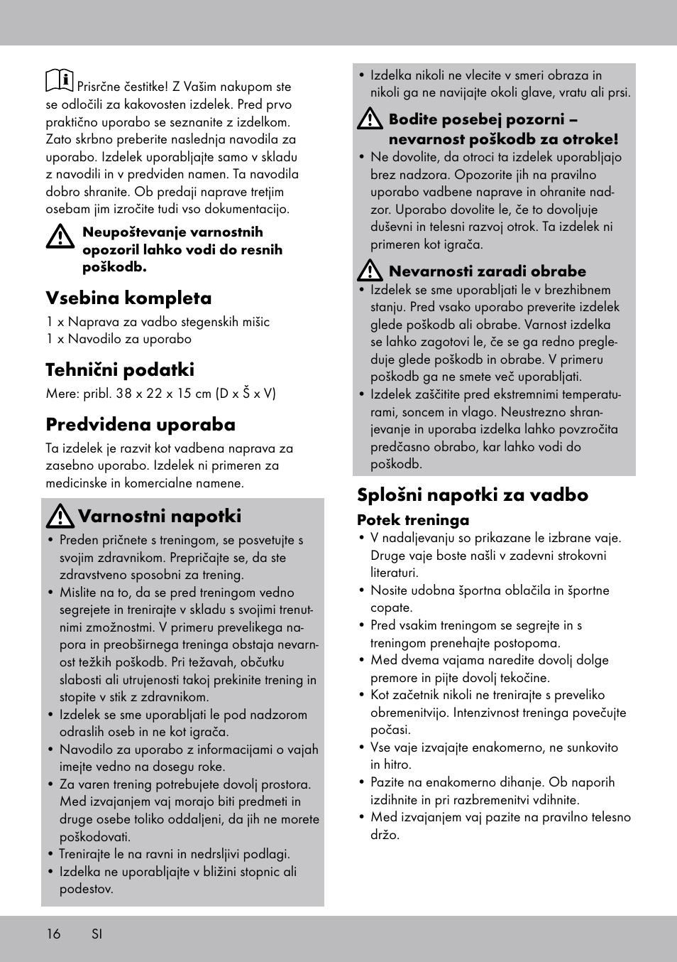 Vsebina kompleta, Tehnični podatki, Predvidena uporaba | Varnostni napotki, Splošni napotki za vadbo | Crivit OT-2007 User Manual | Page 16 / 32