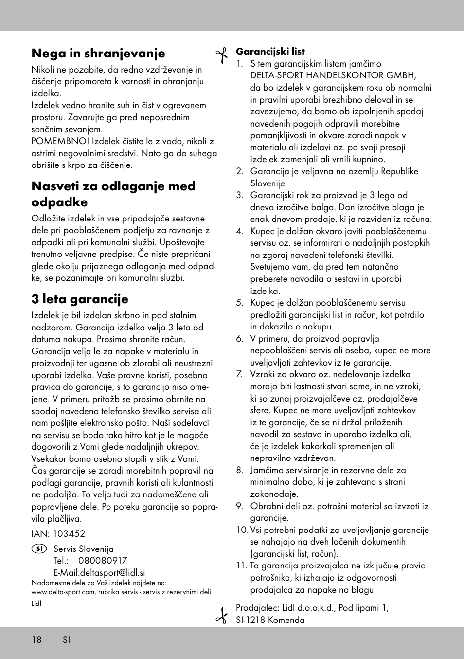 Nega in shranjevanje, Nasveti za odlaganje med odpadke, 3 leta garancije | Crivit OT-2007 User Manual | Page 18 / 32