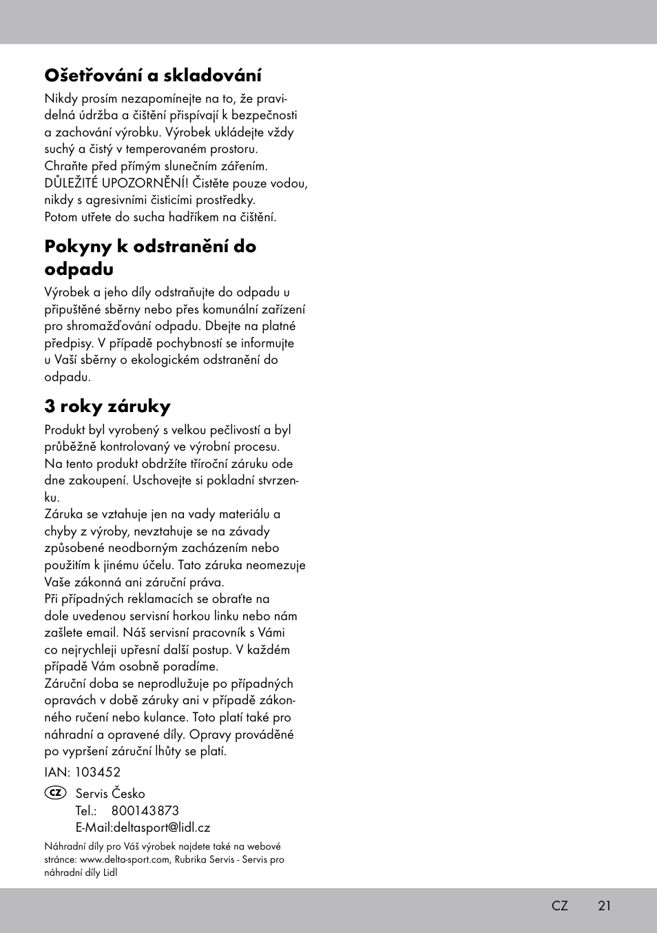 Ošetřování a skladování, Pokyny k odstranění do odpadu, 3 roky záruky | Crivit OT-2007 User Manual | Page 21 / 32