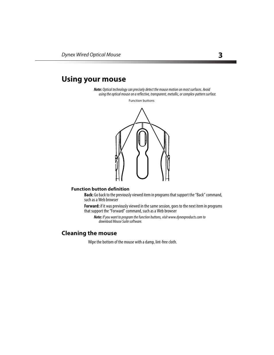 Using your mouse, Function button definition, Cleaning the mouse | 3using your mouse | Dynex DX-WMSE User Manual | Page 3 / 8