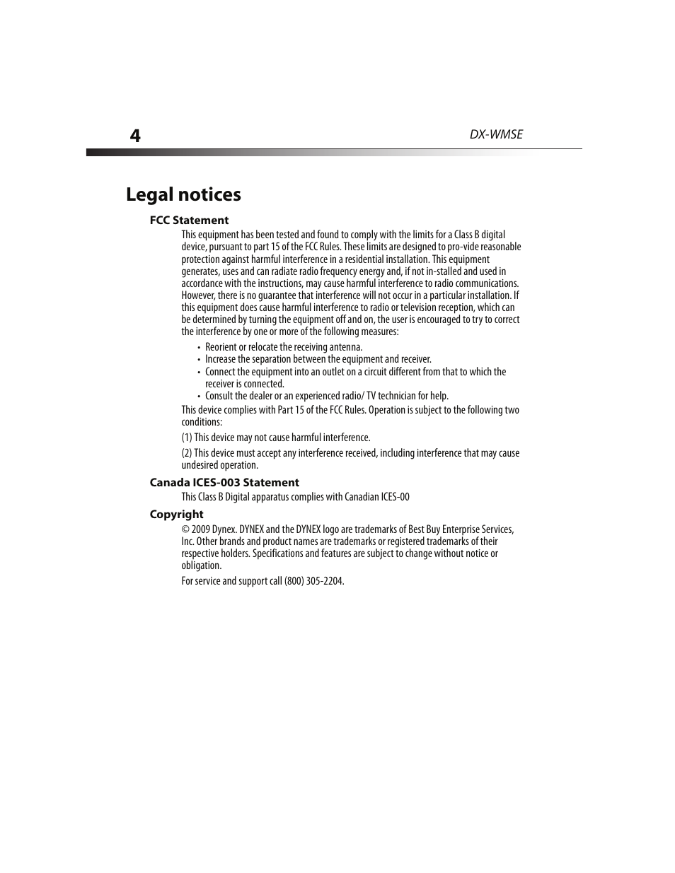 Legal notices, Fcc statement, Canada ices-003 statement | Copyright | Dynex DX-WMSE User Manual | Page 4 / 8