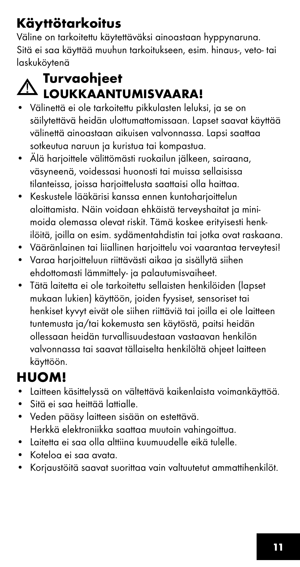 Käyttötarkoitus, Turvaohjeet, Huom | Crivit SC-1358 User Manual | Page 11 / 28