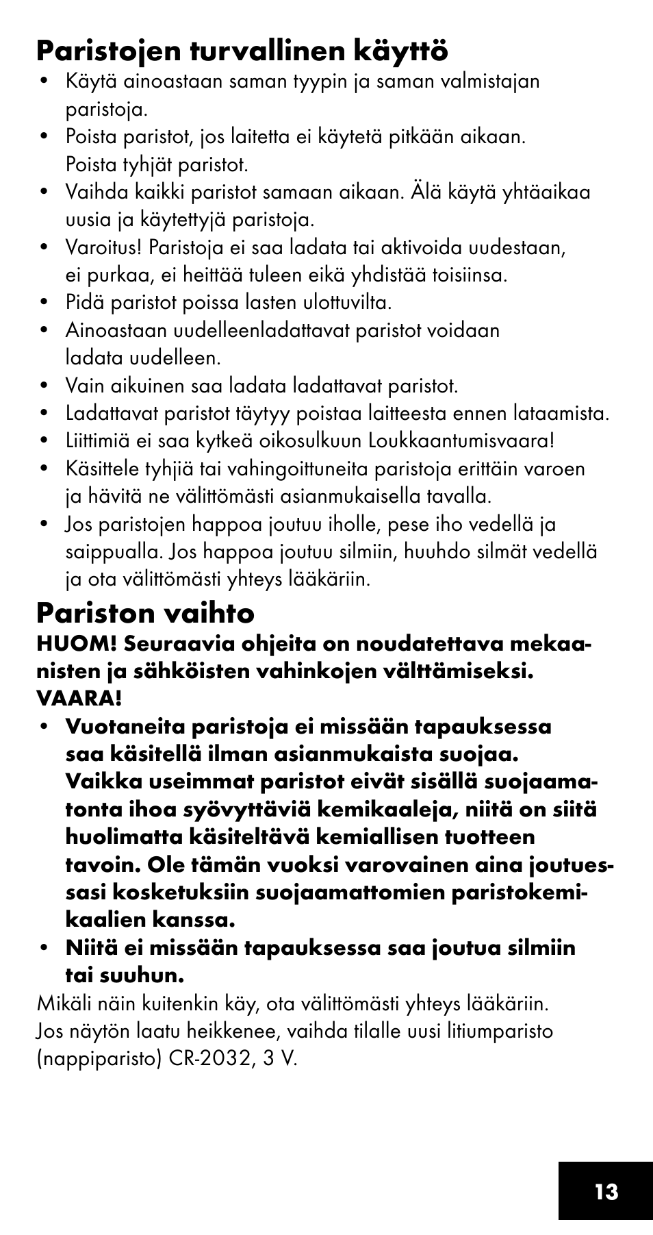 Paristojen turvallinen käyttö, Pariston vaihto | Crivit SC-1358 User Manual | Page 13 / 28