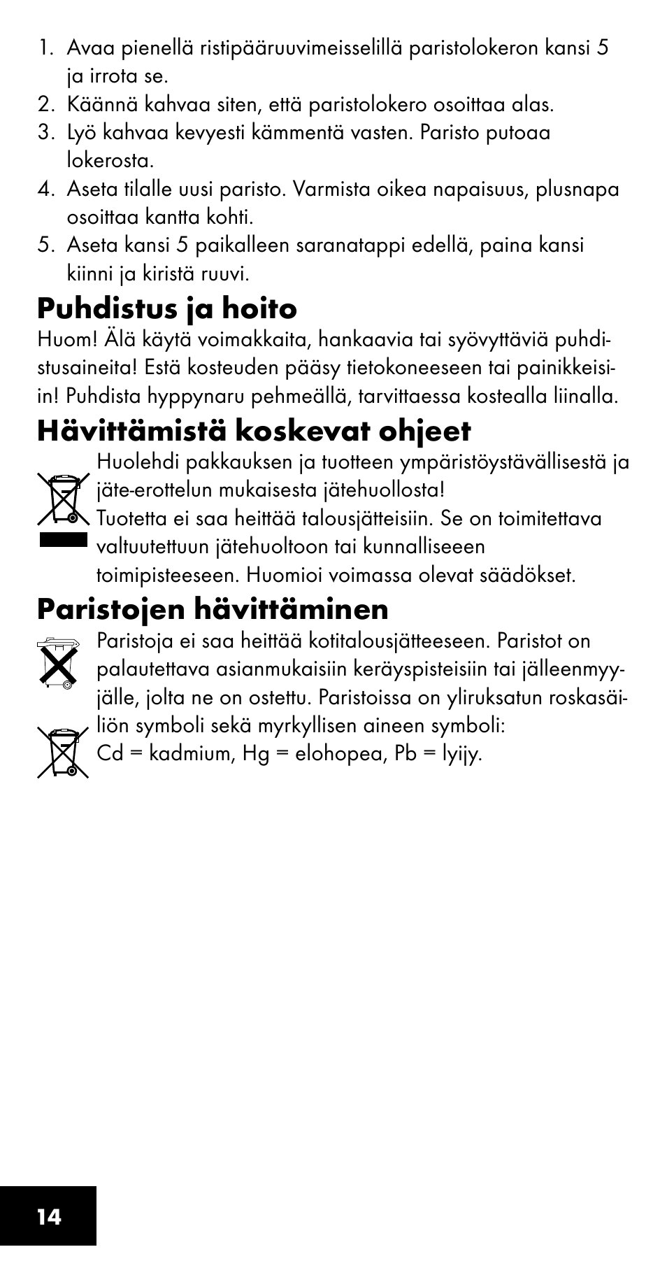 Puhdistus ja hoito, Hävittämistä koskevat ohjeet, Paristojen hävittäminen | Crivit SC-1358 User Manual | Page 14 / 28