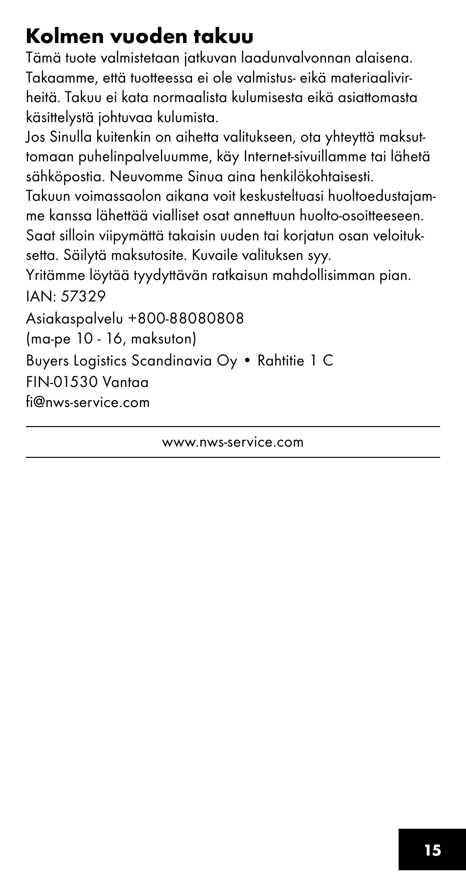 Kolmen vuoden takuu | Crivit SC-1358 User Manual | Page 15 / 28