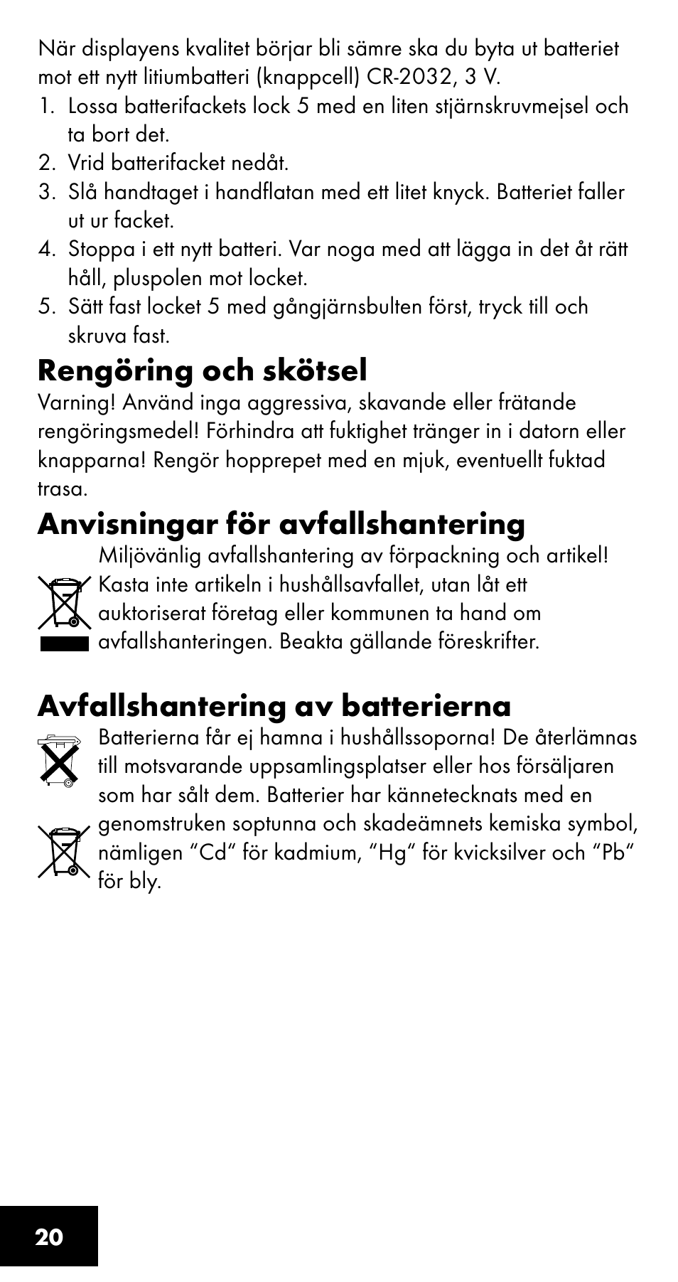 Rengöring och skötsel, Anvisningar för avfallshantering, Avfallshantering av batterierna | Crivit SC-1358 User Manual | Page 20 / 28