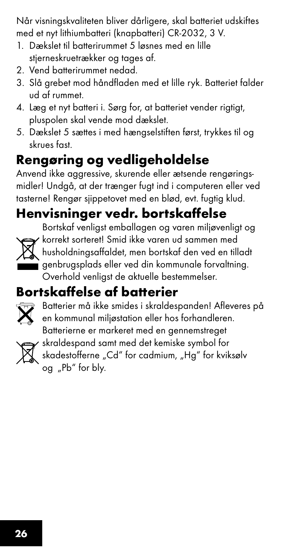 Rengøring og vedligeholdelse, Henvisninger vedr. bortskaffelse, Bortskaffelse af batterier | Crivit SC-1358 User Manual | Page 26 / 28