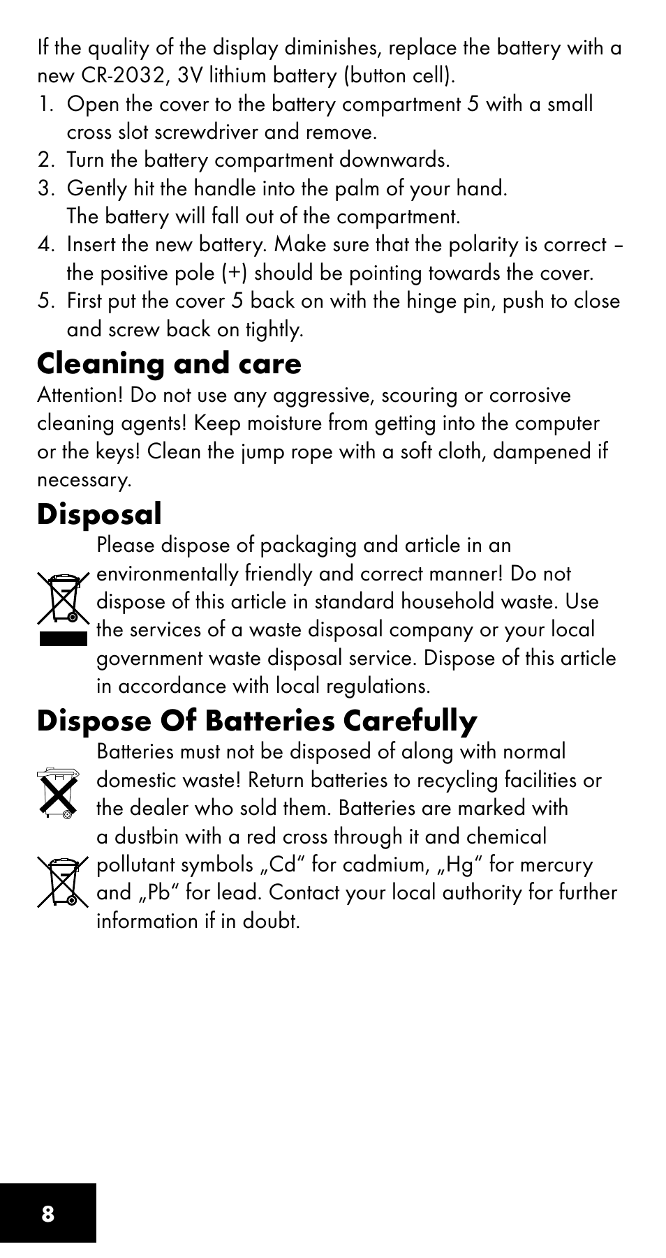 Cleaning and care, Disposal, Dispose of batteries carefully | Crivit SC-1358 User Manual | Page 8 / 28