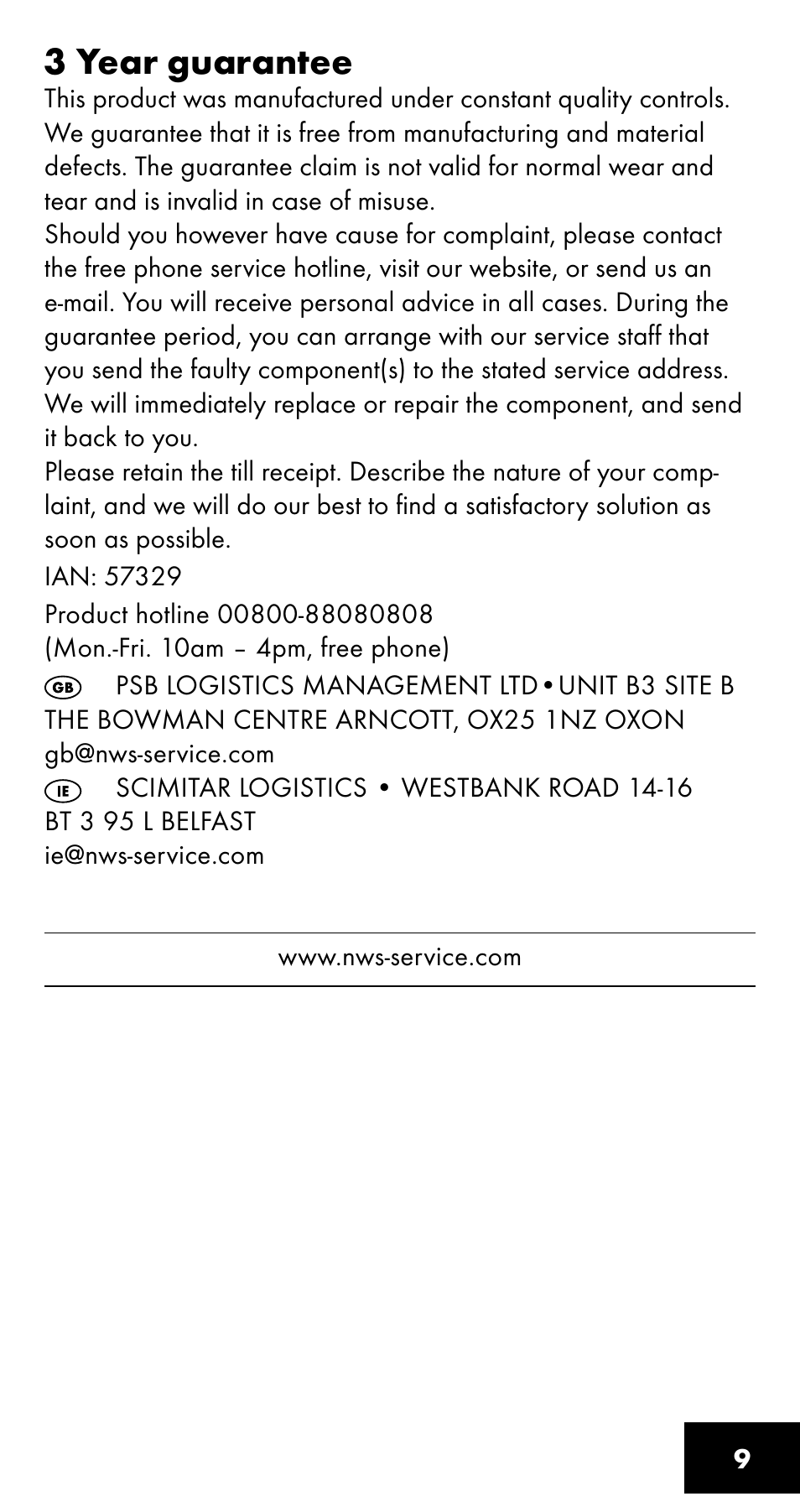3 year guarantee | Crivit SC-1358 User Manual | Page 9 / 28