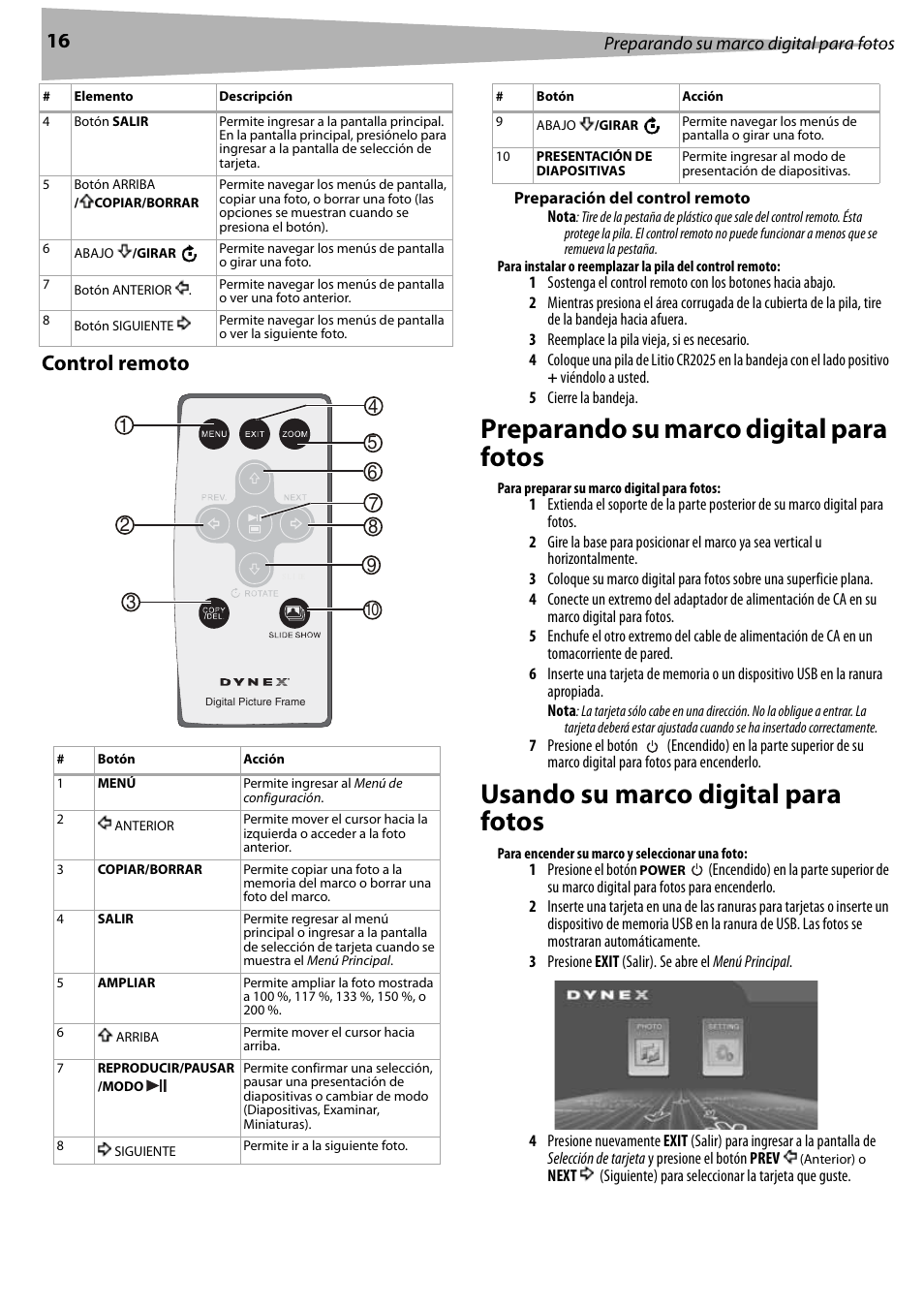 Control remoto, Preparación del control remoto, Preparando su marco digital para fotos | Usando su marco digital para fotos | Dynex DX-DPF9 User Manual | Page 16 / 22