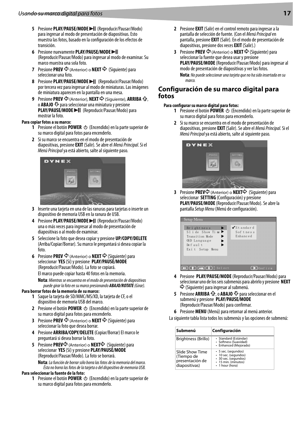 Configuración de su marco digital para fotos | Dynex DX-DPF9 User Manual | Page 17 / 22