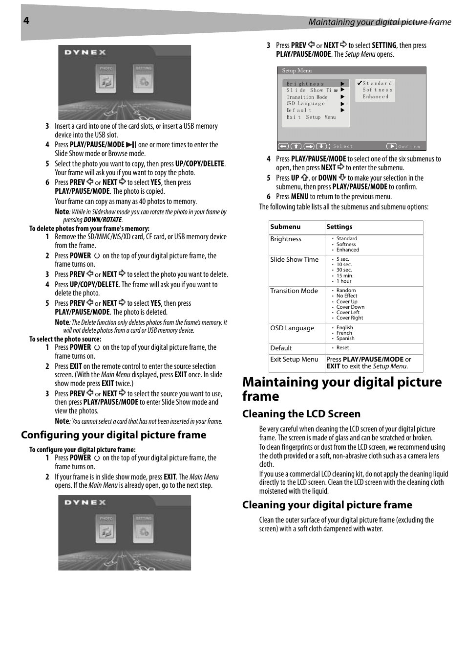 Configuring your digital picture frame, Maintaining your digital picture frame, Cleaning the lcd screen | Cleaning your digital picture frame | Dynex DX-DPF9 User Manual | Page 4 / 22