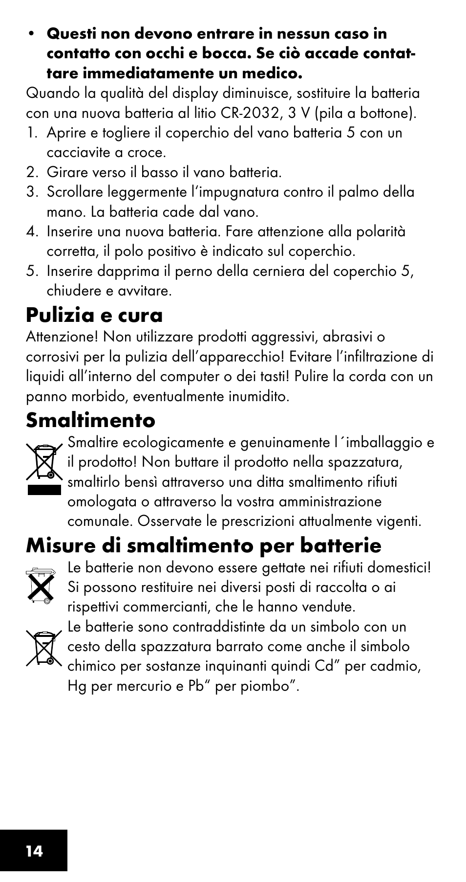 Pulizia e cura, Smaltimento, Misure di smaltimento per batterie | Crivit SC-1358 User Manual | Page 14 / 28