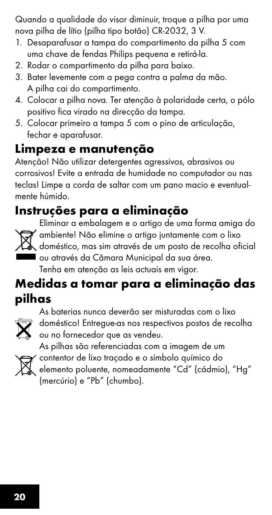 Limpeza e manutenção, Instruções para a eliminação, Medidas a tomar para a eliminação das pilhas | Crivit SC-1358 User Manual | Page 20 / 28