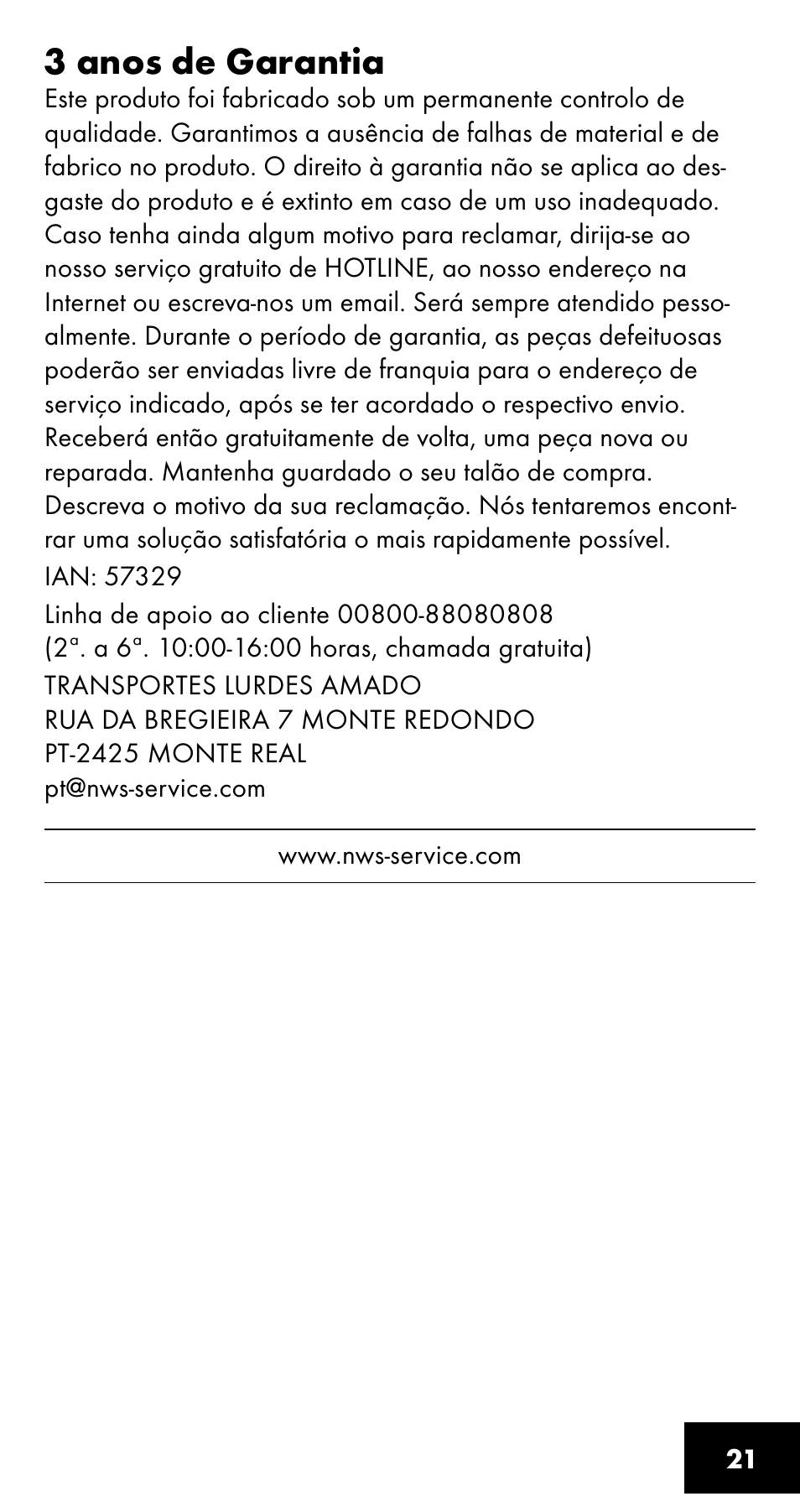 3 anos de garantia | Crivit SC-1358 User Manual | Page 21 / 28