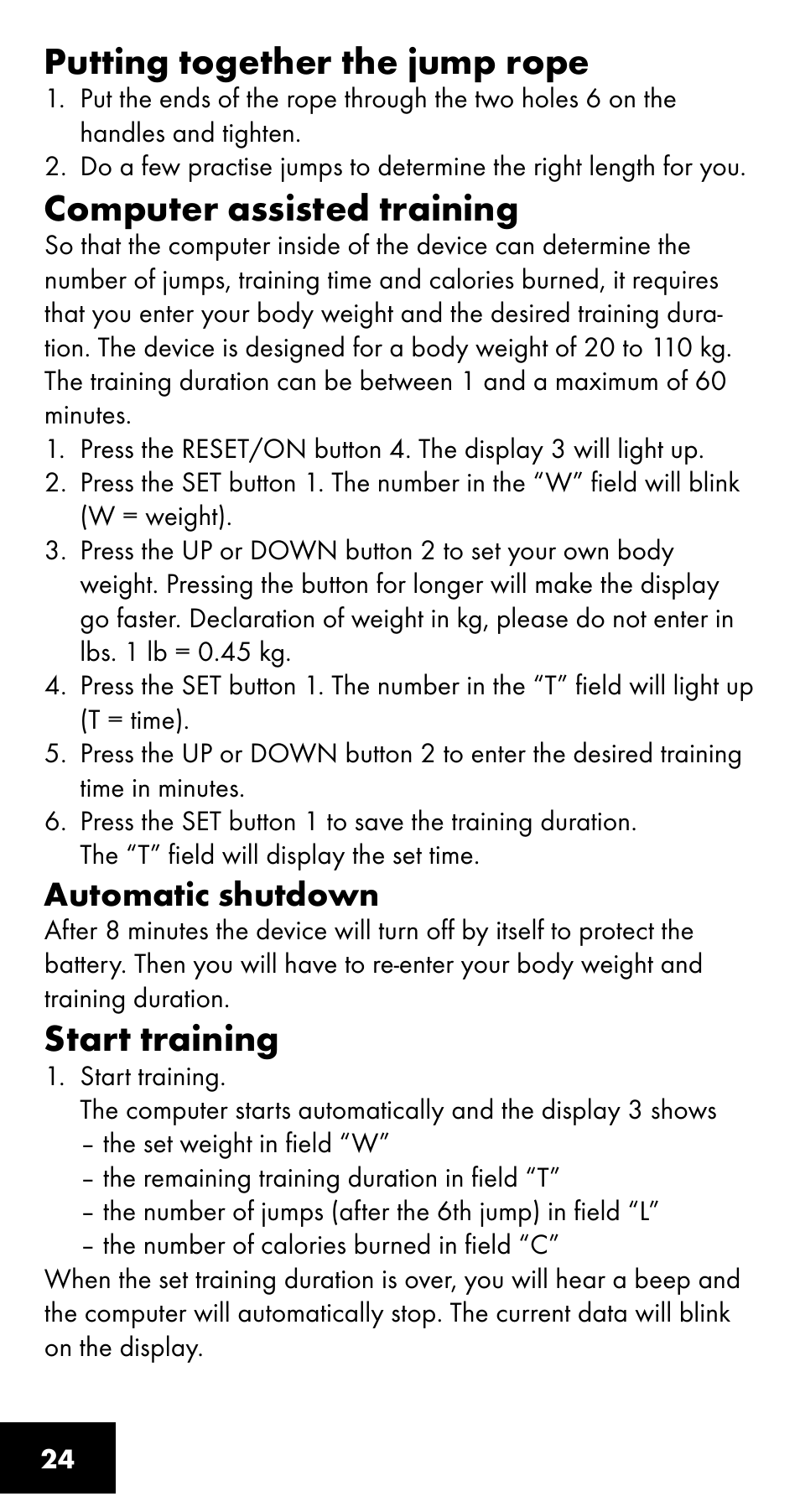 Putting together the jump rope, Computer assisted training, Start training | Crivit SC-1358 User Manual | Page 24 / 28