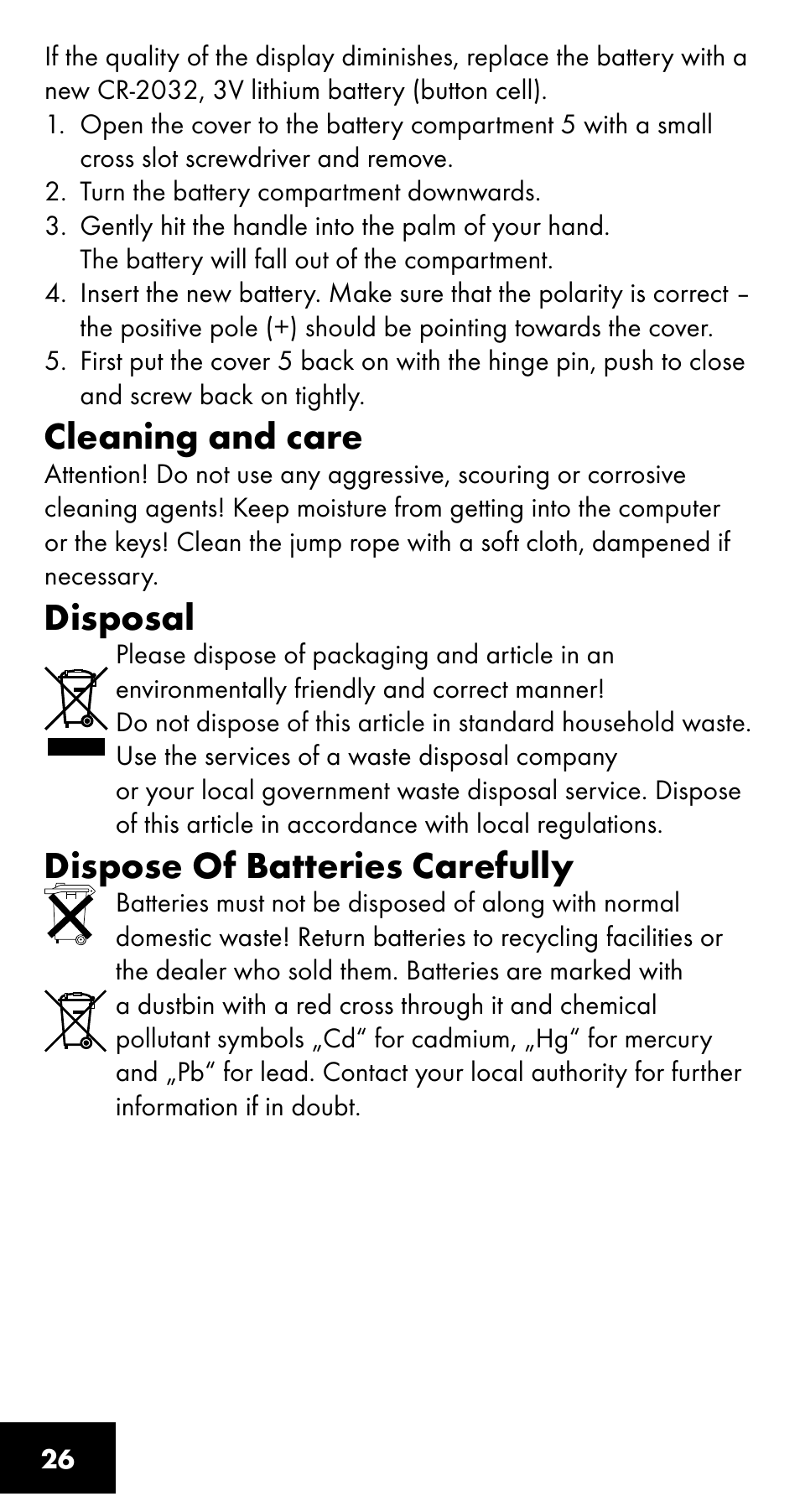 Cleaning and care, Disposal, Dispose of batteries carefully | Crivit SC-1358 User Manual | Page 26 / 28