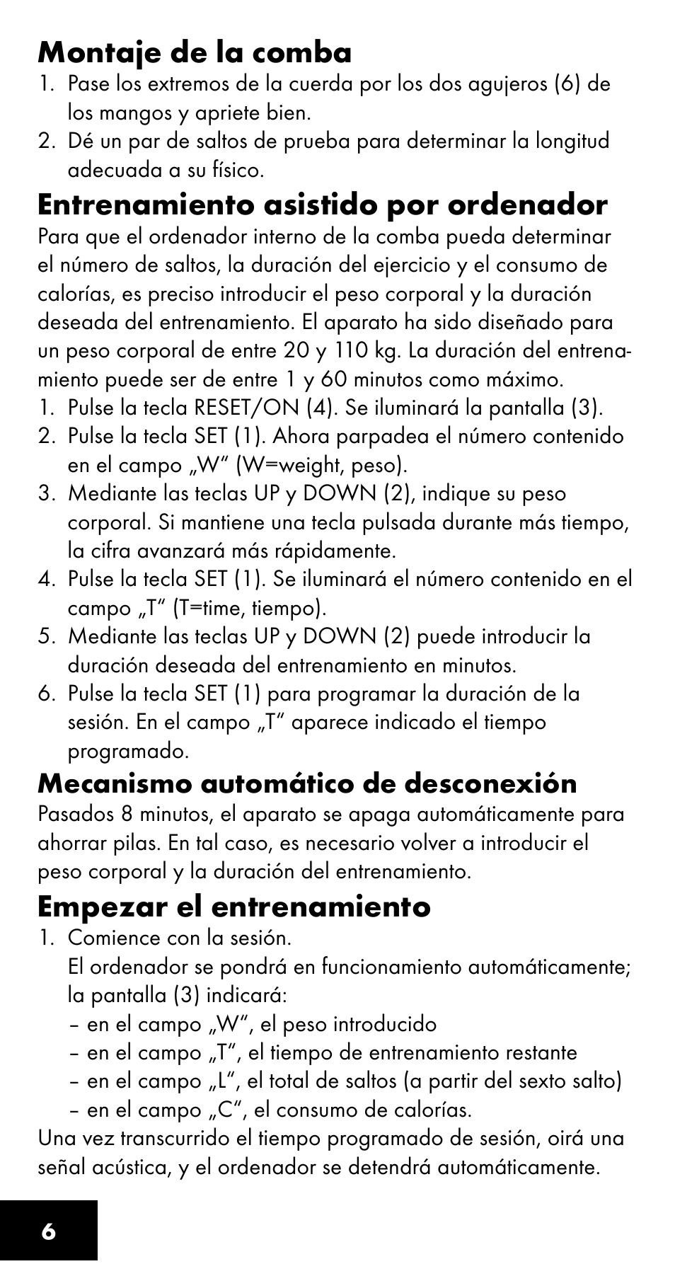 Montaje de la comba, Entrenamiento asistido por ordenador, Empezar el entrenamiento | Crivit SC-1358 User Manual | Page 6 / 28